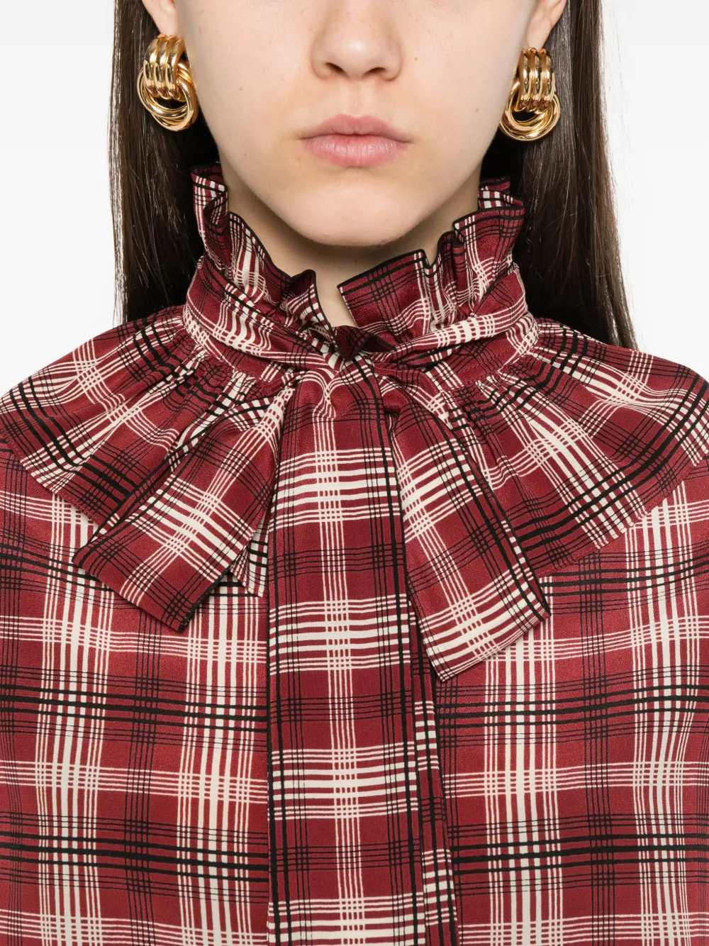 Saint Laurent Poet Blouse In Plaid Silk In Red