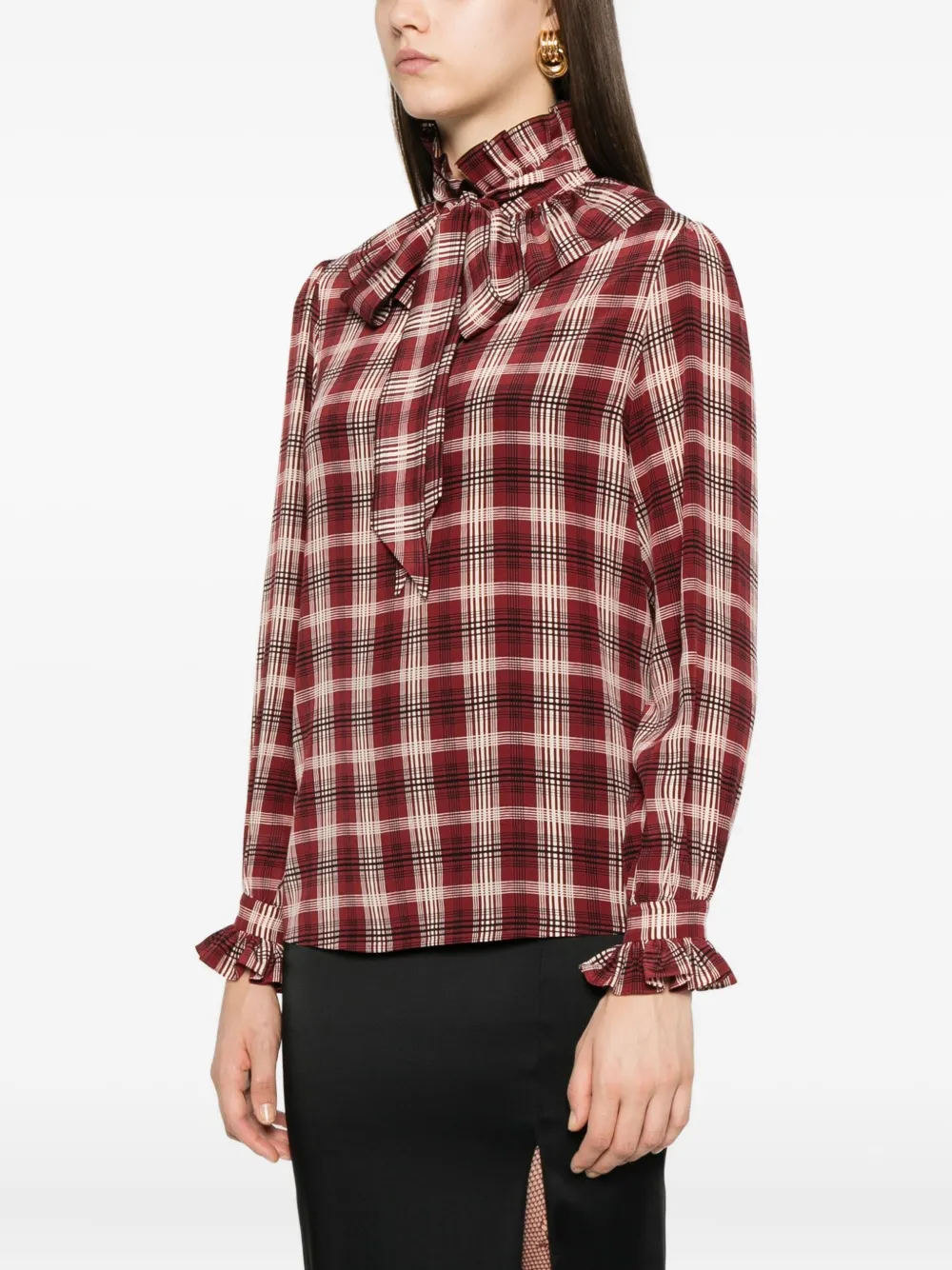 Saint Laurent Poet Blouse In Plaid Silk In Red