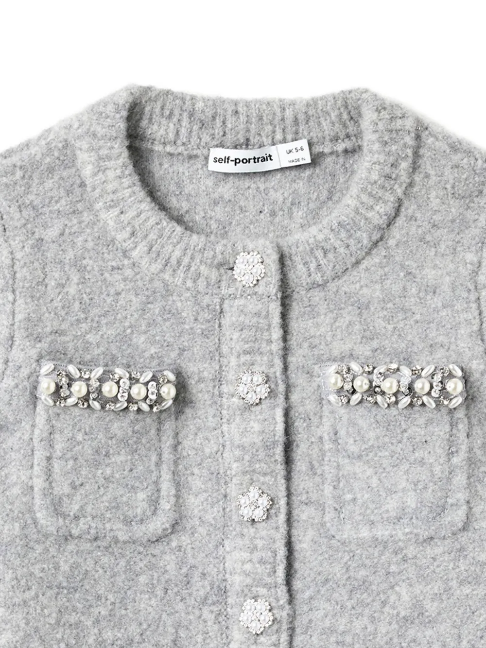 Self-portrait Pearl-embellished Pocket Cardigan In Gray