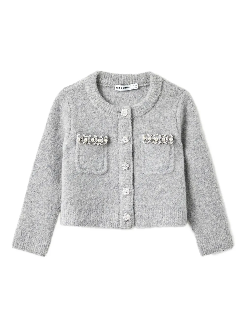 Self-portrait Pearl-embellished Pocket Cardigan In Gray