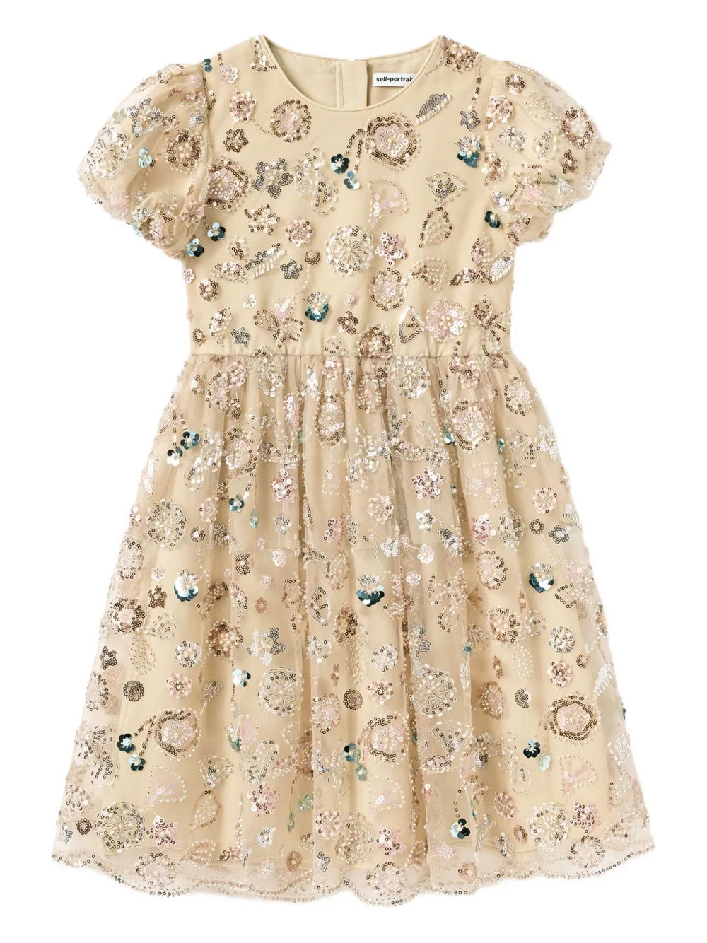 Self-Portrait Kids puff-sleeve embellished dress - ニュートラル Self-Portrait Kids puff-sleeve embellished dress - ニュートラル