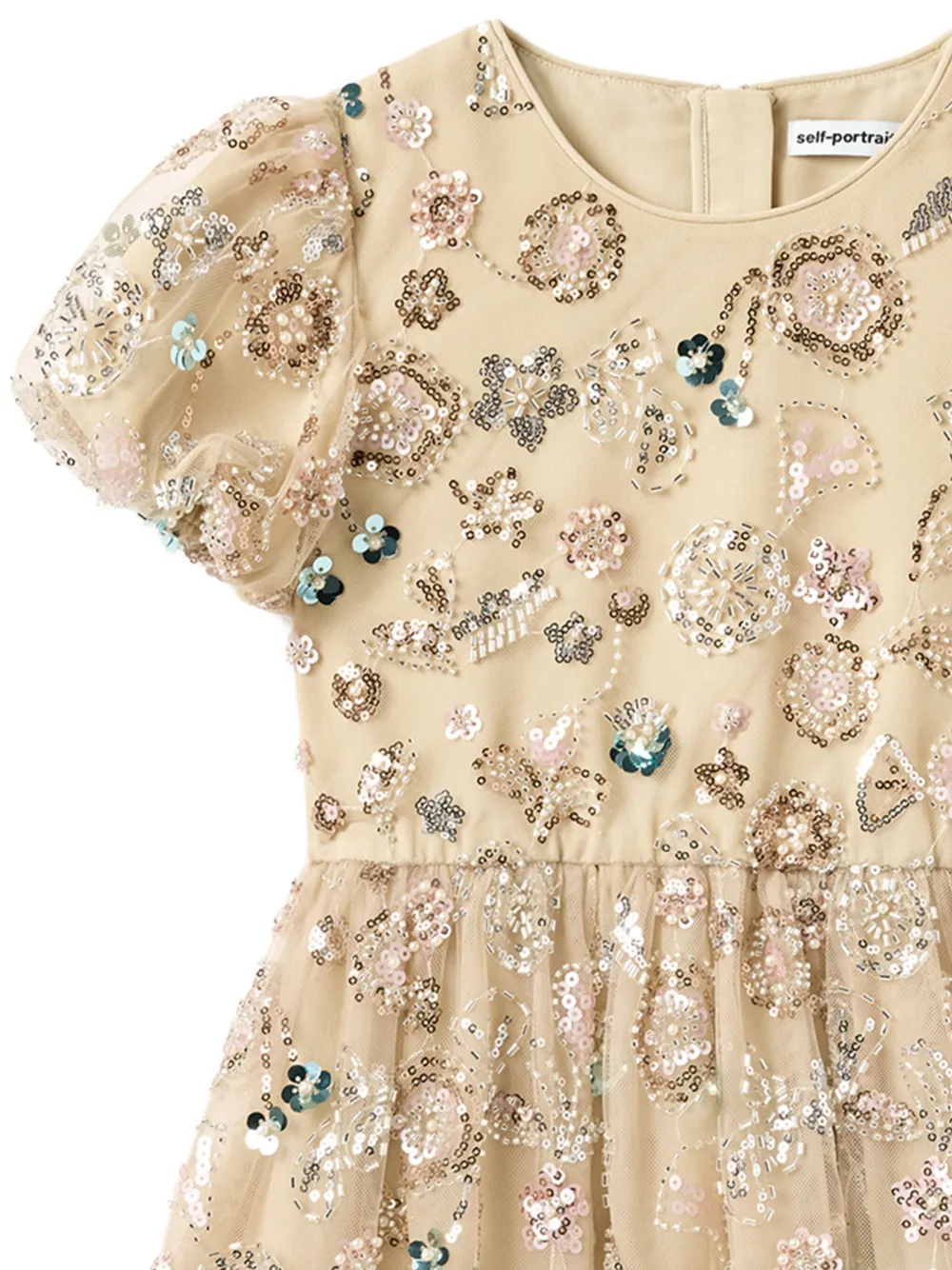 Self-Portrait Kids Verfraaide jurk met pofmouwen Beige