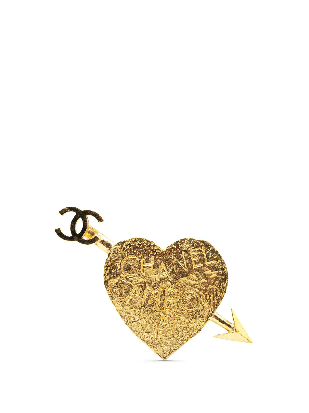 Pre-owned Chanel 1993 Gold Plated Cc Arrow And Heart Brooch Costume Brooch