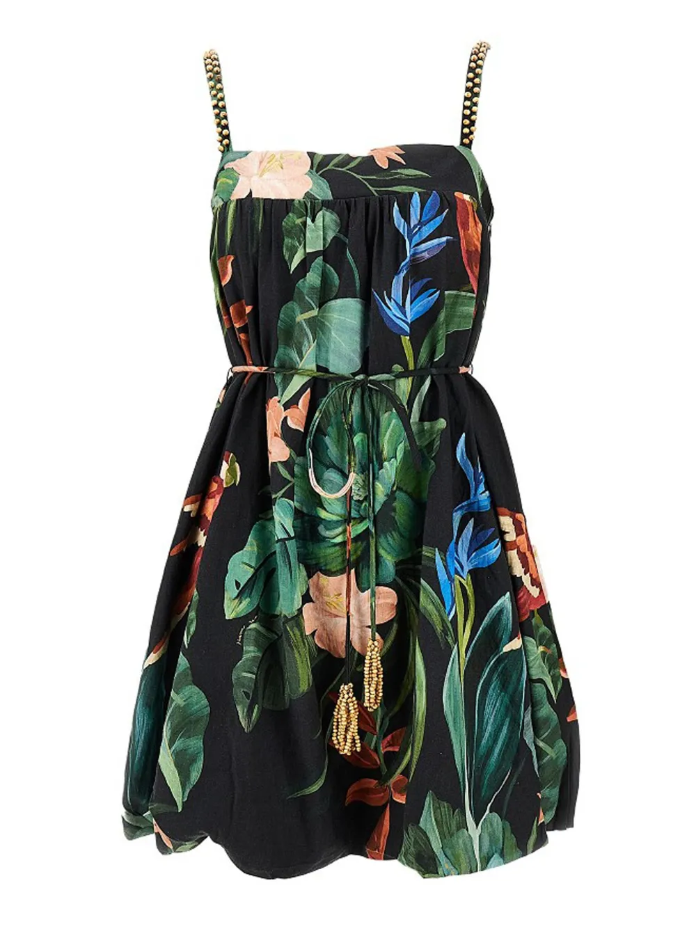 Farm Rio Midnight Macaw Fiesta Beaded-strap Floral Print Mini Dress In Multi