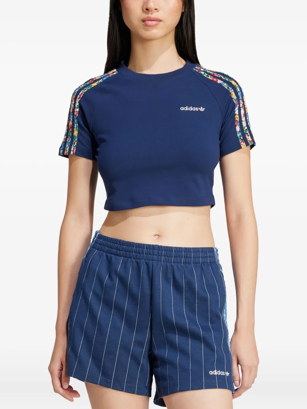 Adidas Originals Liberty Floral-striped T-shirt In Blue