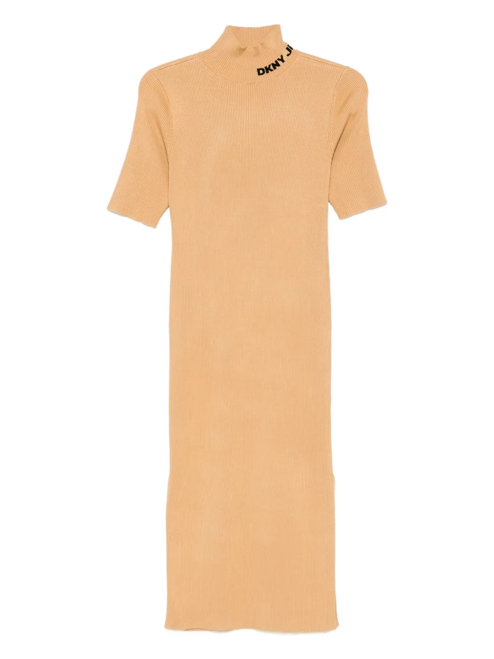 Dkny Mock-neck Ribbed Midi Dress In Neutral