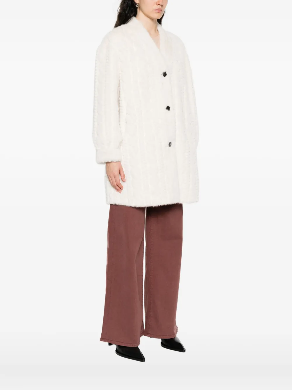 Ermanno Firenze Cable-knit Buttoned Single Breasted Coat In White