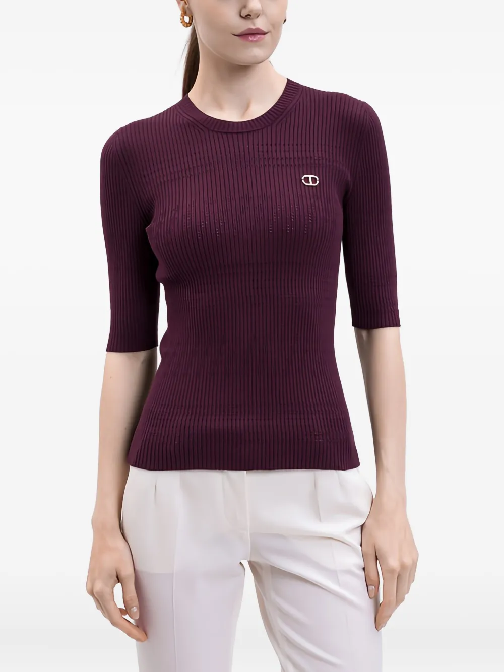 Twinset Ribbed Logo-plaque Jumper In Purple
