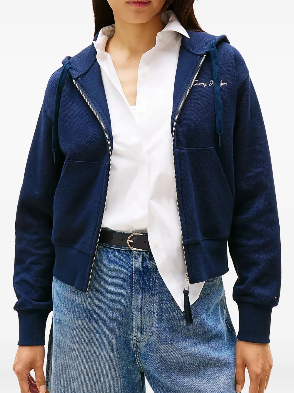 Tommy Hilfiger Logo-embroidered Zip-up Hoodie In Blue