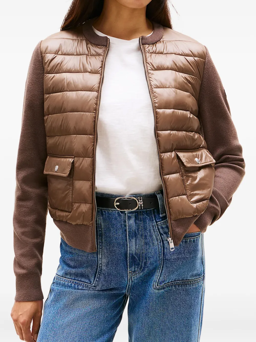Tommy Hilfiger Knit Sleeve Ultra Light Padded Jacket In Brown