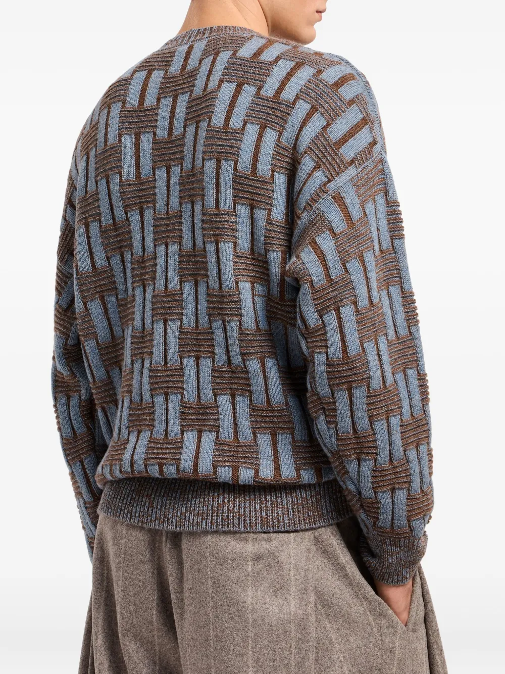 Giorgio Armani Crew Neck Geometric Pattern Sweater In Brown