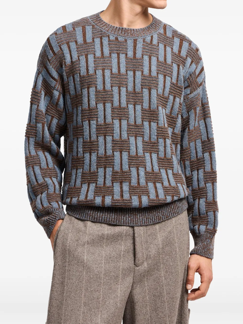 Giorgio Armani Crew Neck Geometric Pattern Sweater In Brown