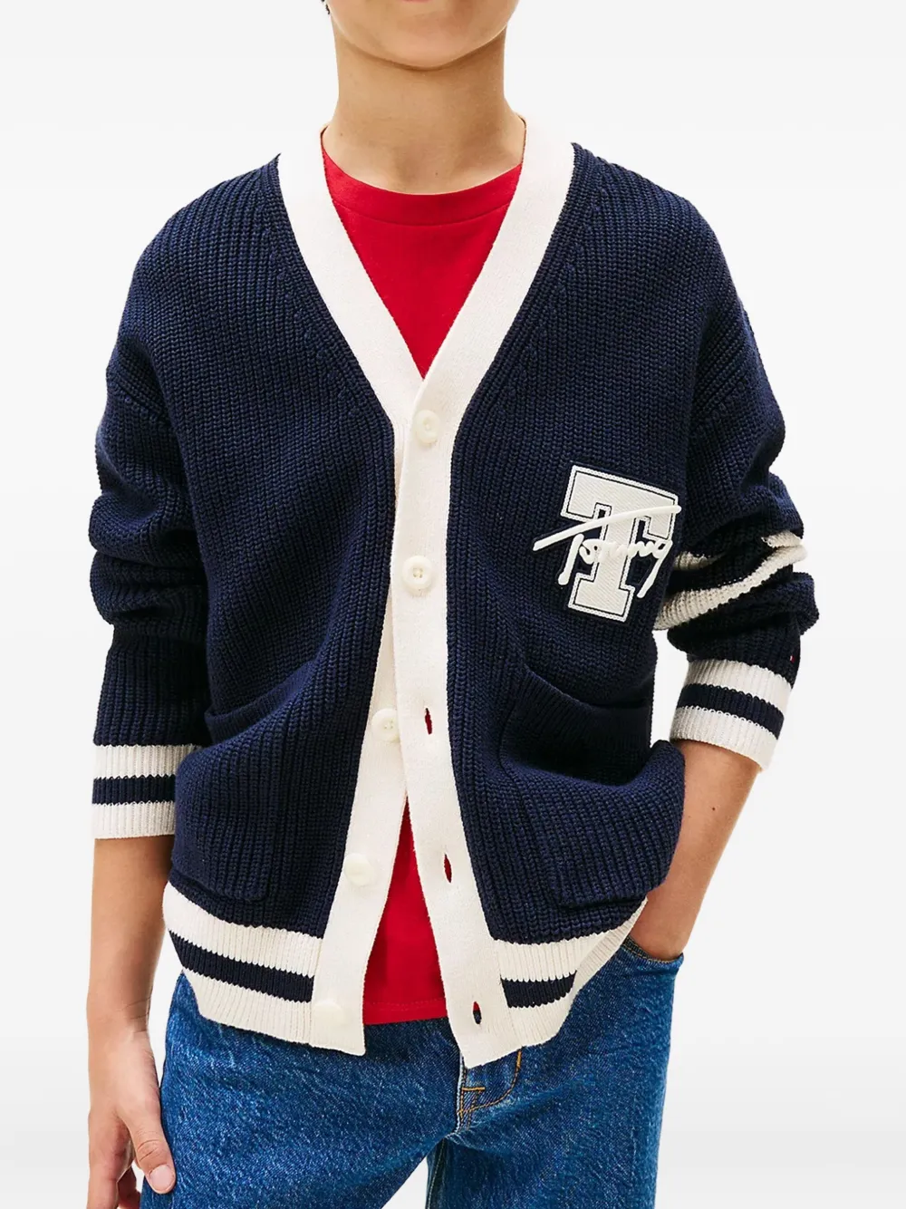 Tommy Hilfiger Junior striped logo cardigan Blauw