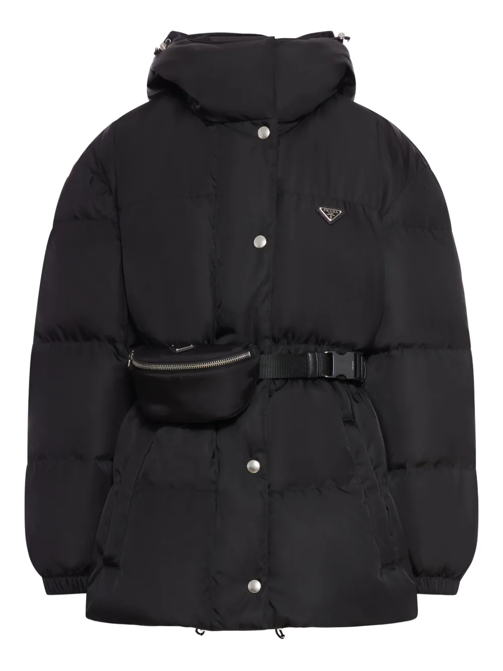 Prada hooded belted puffer jacket Zwart