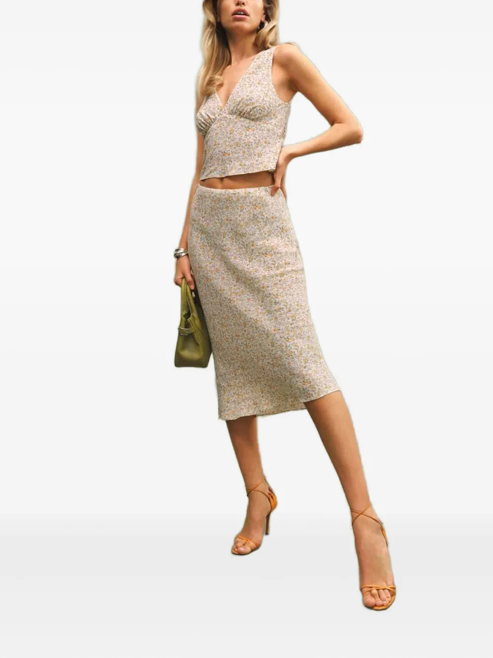 Reformation Rok set met bloemenprint - Beige