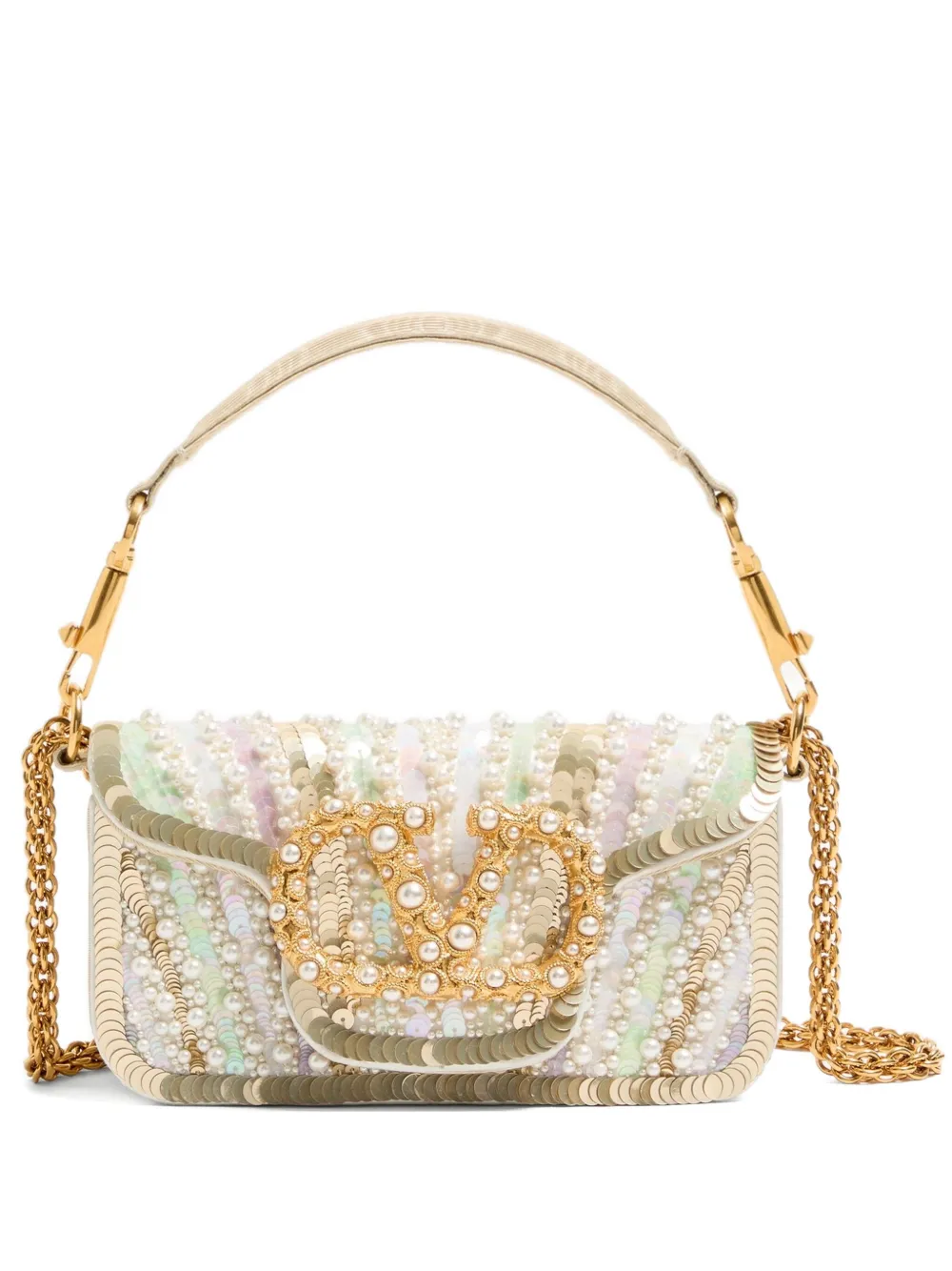 Valentino Garavani small Locò embroidered jewel-logo shoulder bag - Neutrals