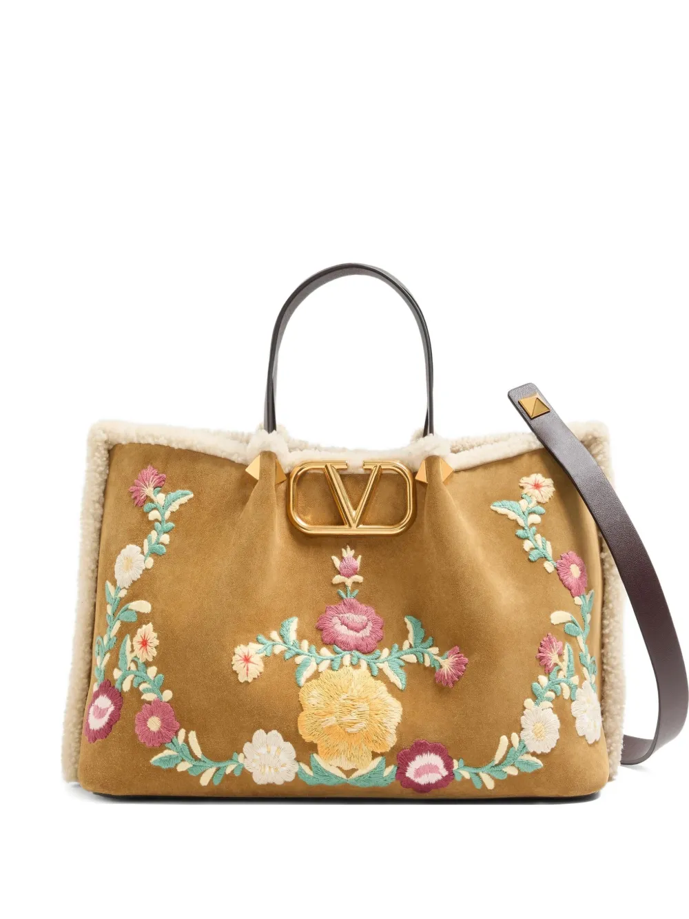 Valentino Garavani medium VLogo-signature floral-embroidered suede tote bag - Neutrals