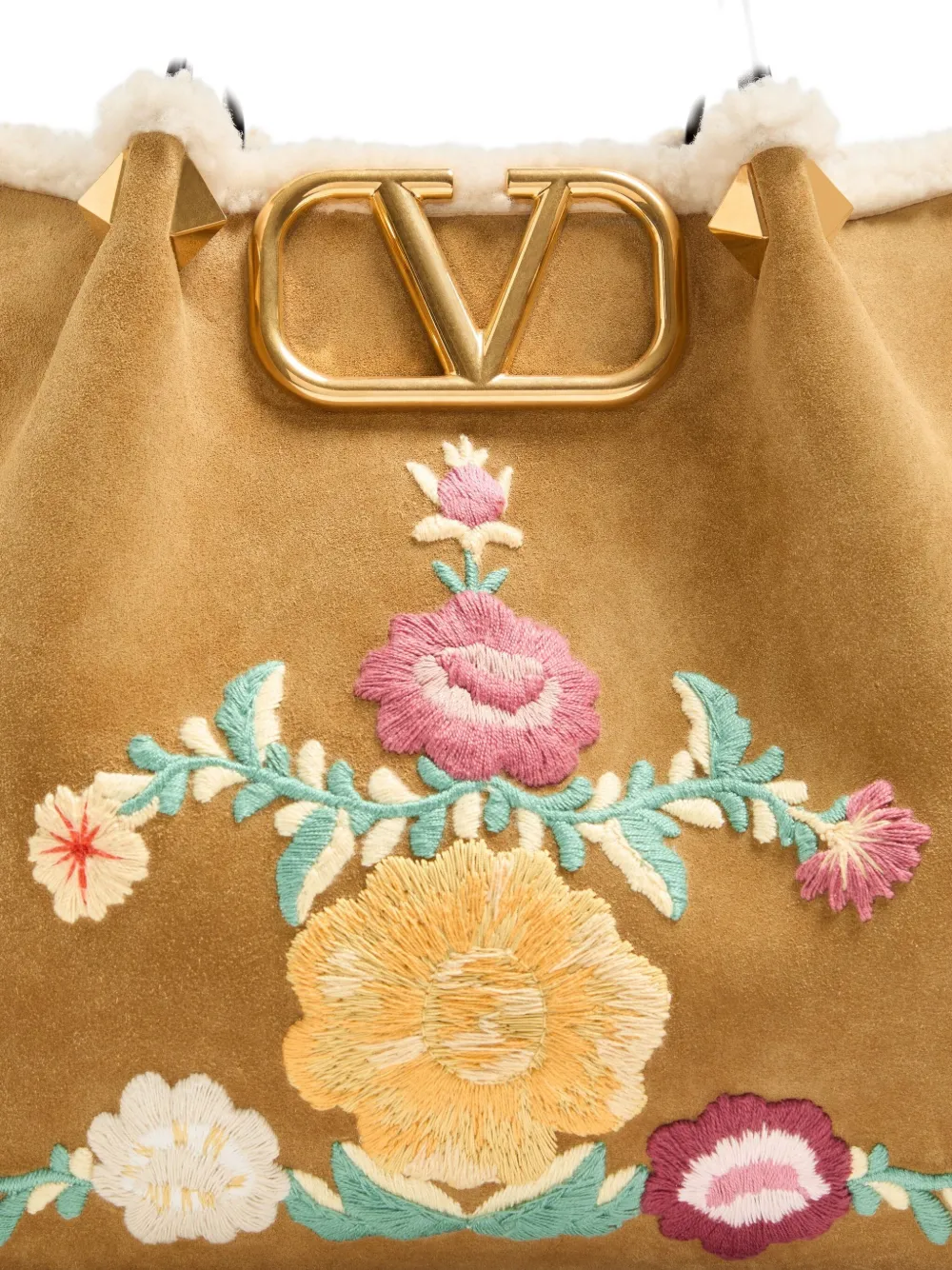 Valentino Garavani Medium VLogo Signature suède shopper met geborduurde bloemen Beige