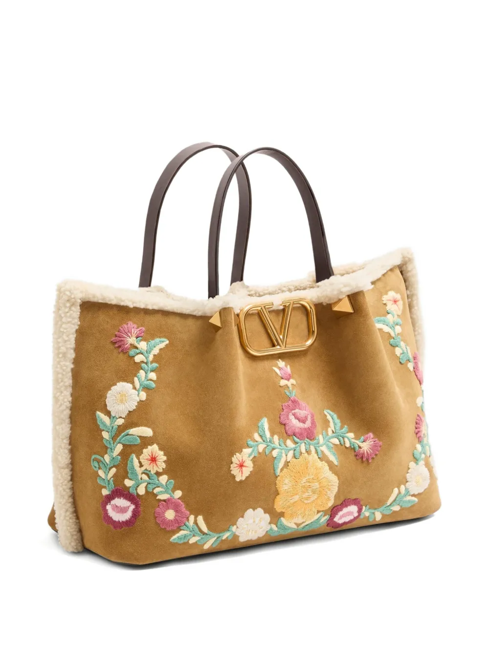 Valentino Garavani Medium VLogo Signature suède shopper met geborduurde bloemen Beige