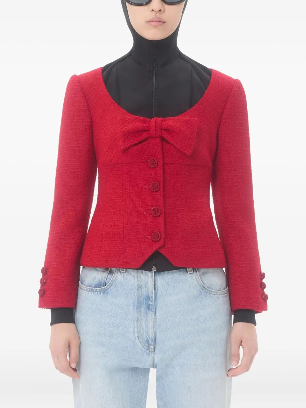 Valentino Textured Tweed Blazer Bow Detail In Red