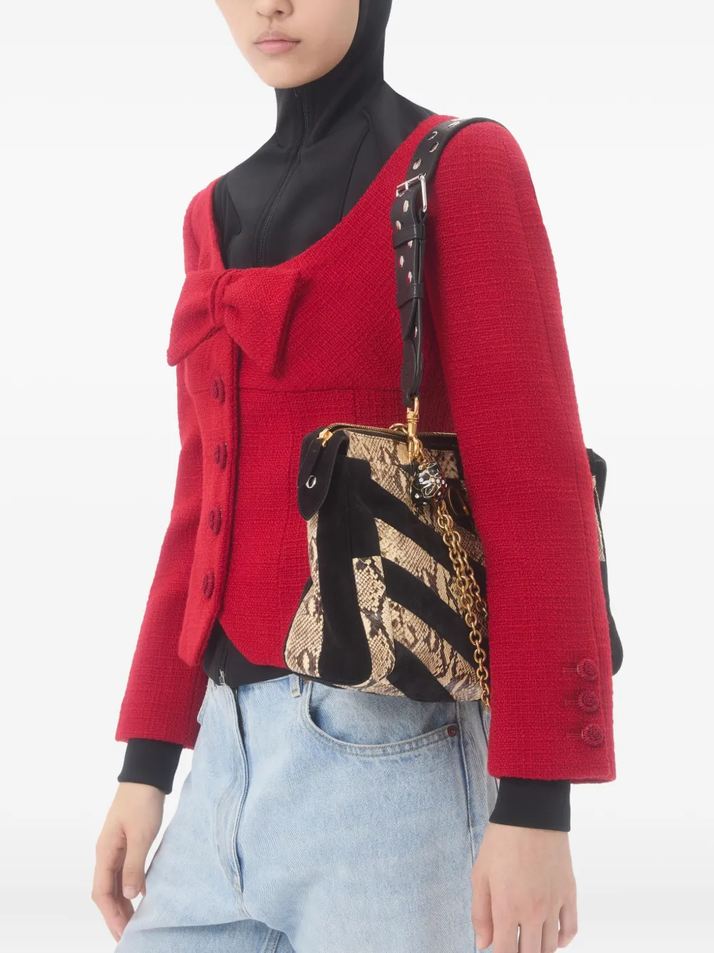 Valentino Textured Tweed Blazer Bow Detail In Red