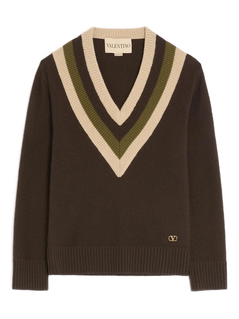 Valentino Virgin Wool Contrast V-neck Sweater In Brown