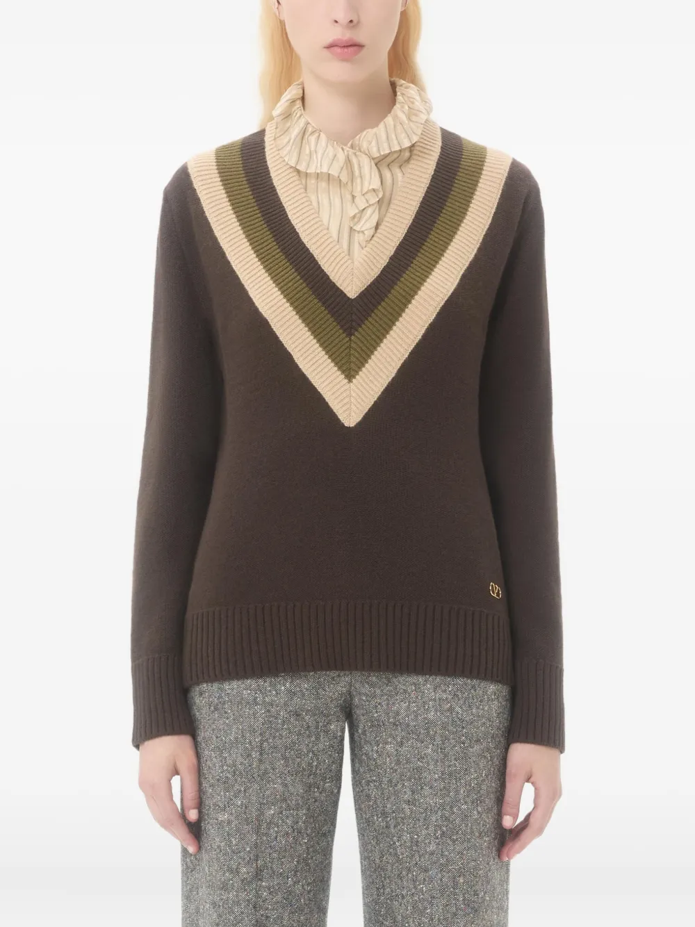 Valentino Virgin Wool Contrast V-neck Sweater In Brown
