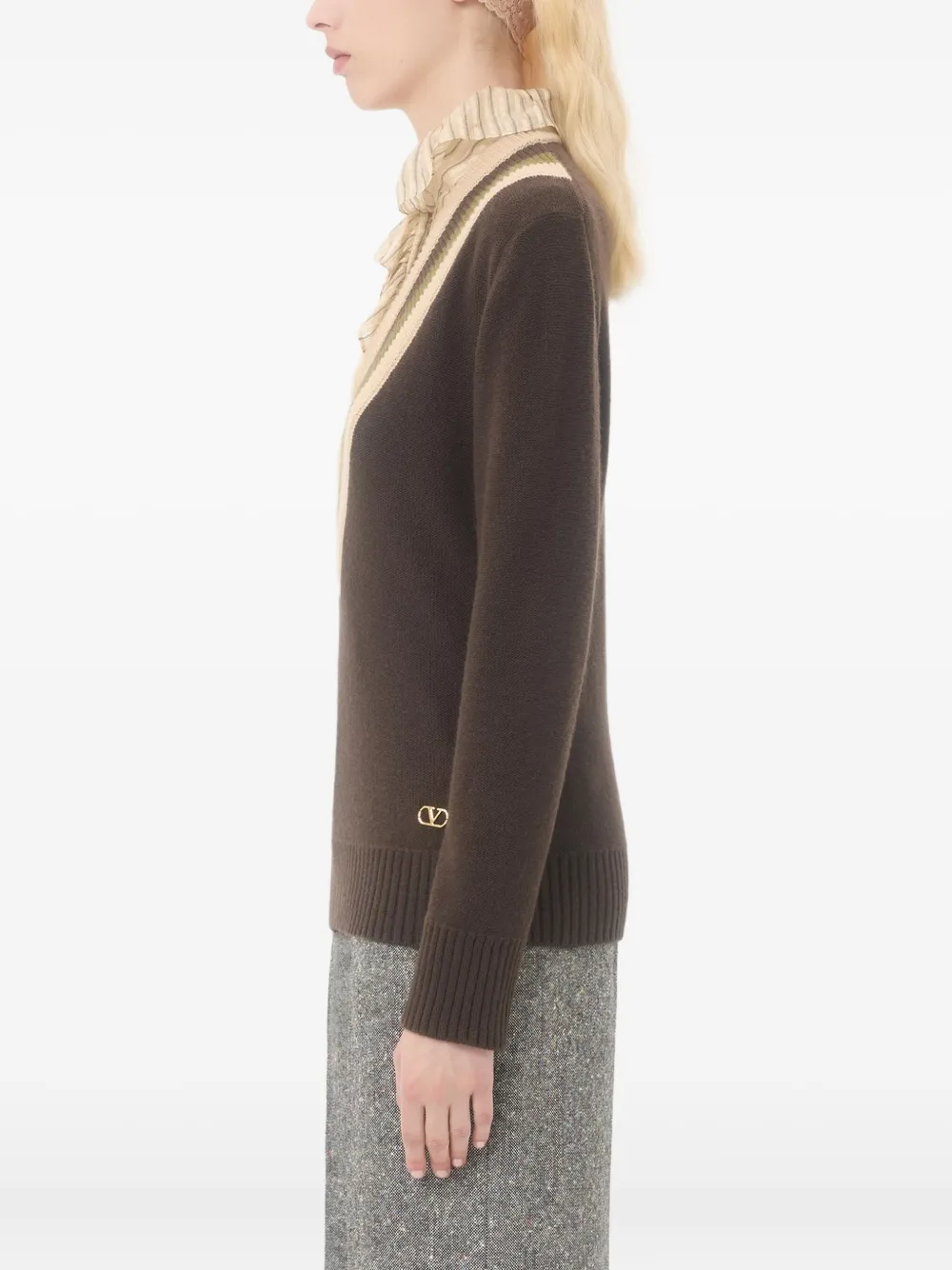 Valentino Virgin Wool Contrast V-neck Sweater In Brown