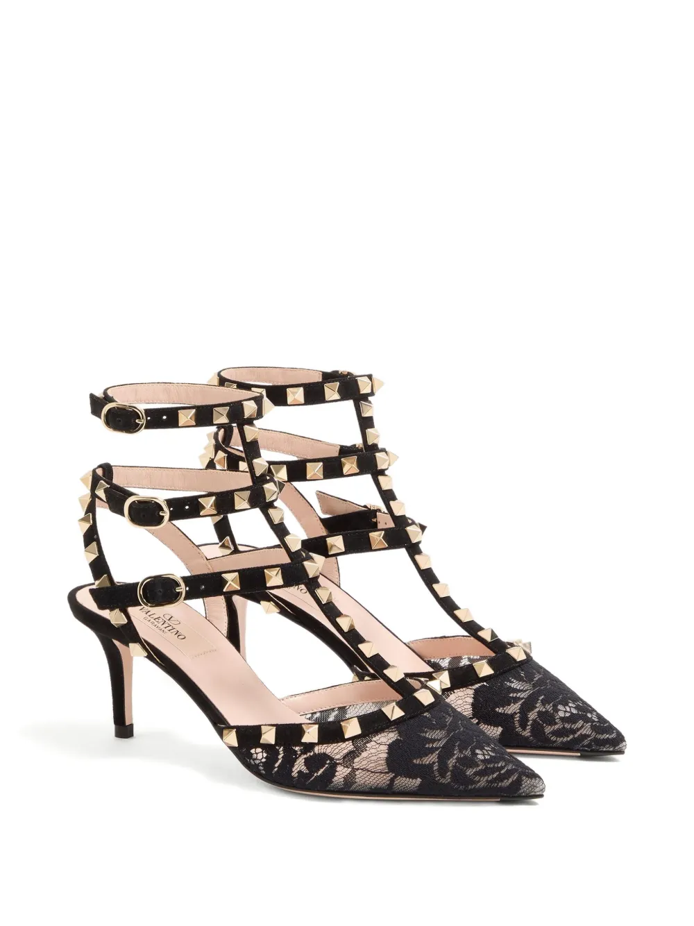Valentino 65mm Rockstud Lace Stud Pumps In Black