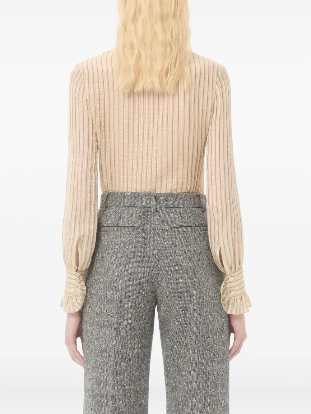 Valentino Metallic Striped Ruffle Button-down Shirt In Neutral