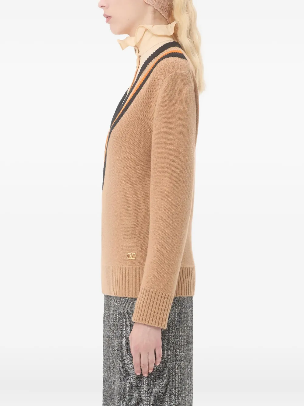 Valentino Chevron-detailed Virgin Wool Sweater In Brown