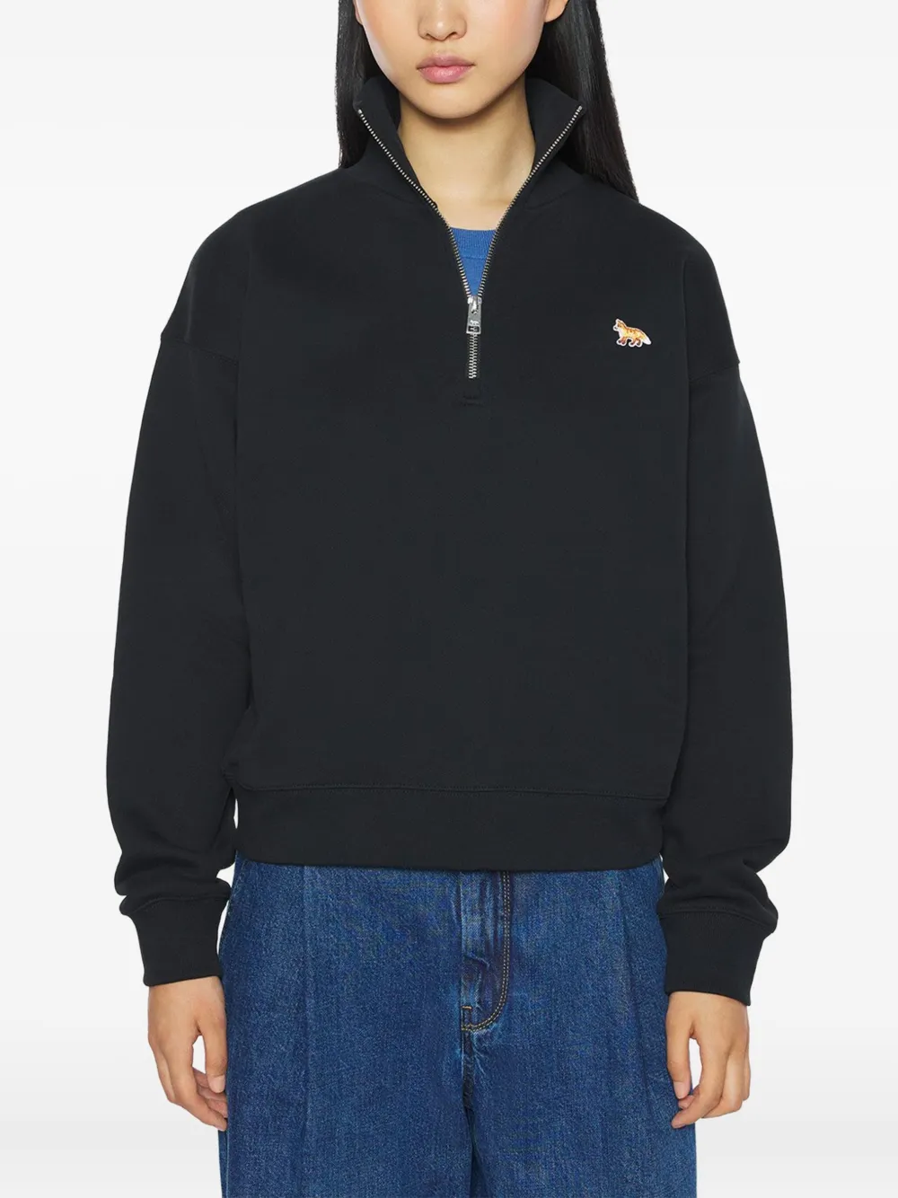 Maison Kitsuné Profile Fox-embroidered Half-zip Sweatshirt In Black