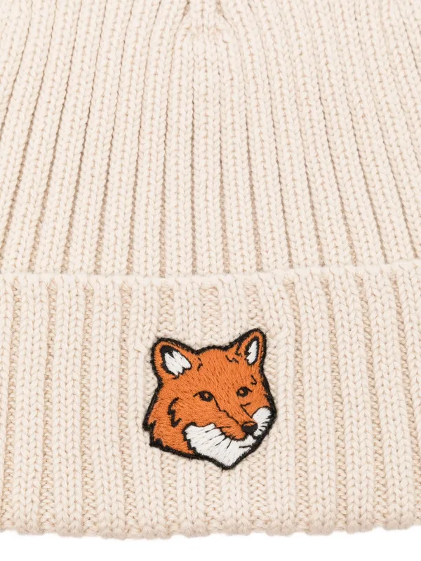 Maison Kitsuné Fox Head ribbed-knit Beanie Hat | Neutrals
