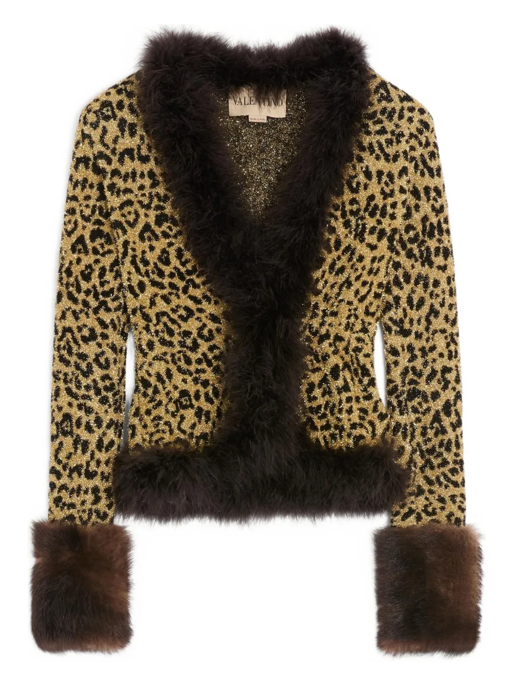 Valentino Feather And Lamb Shearling Trim Metallic Leopard Jacket In Yellow