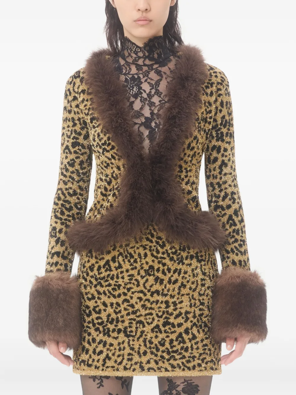 Valentino Feather And Lamb Shearling Trim Metallic Leopard Jacket In Yellow
