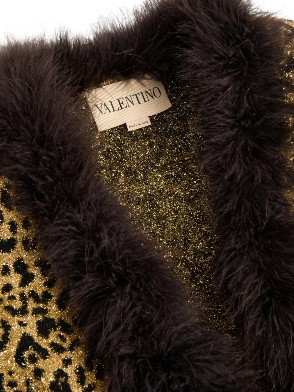 Valentino Feather And Lamb Shearling Trim Metallic Leopard Jacket In Yellow