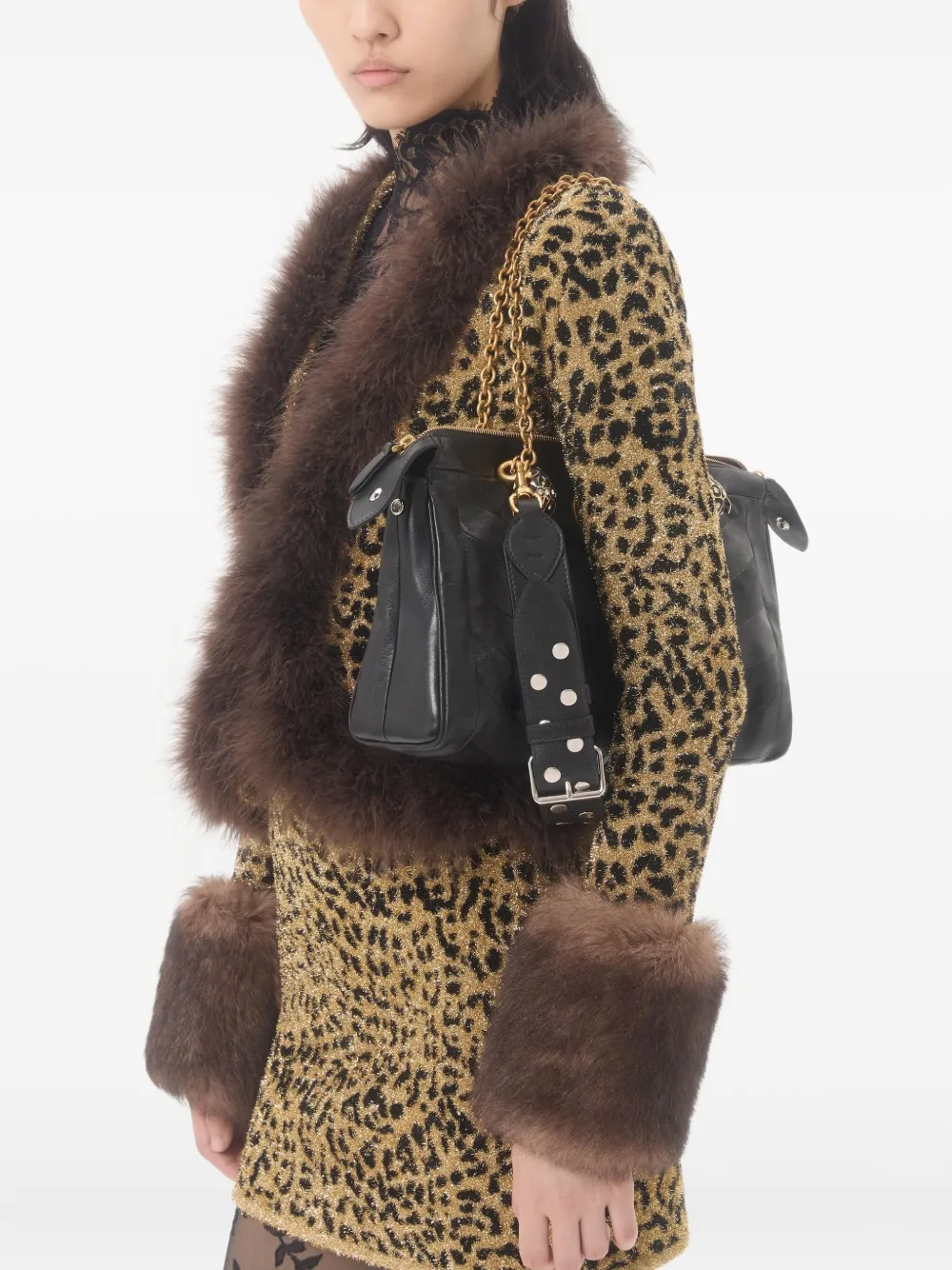 Valentino Feather And Lamb Shearling Trim Metallic Leopard Jacket In Yellow