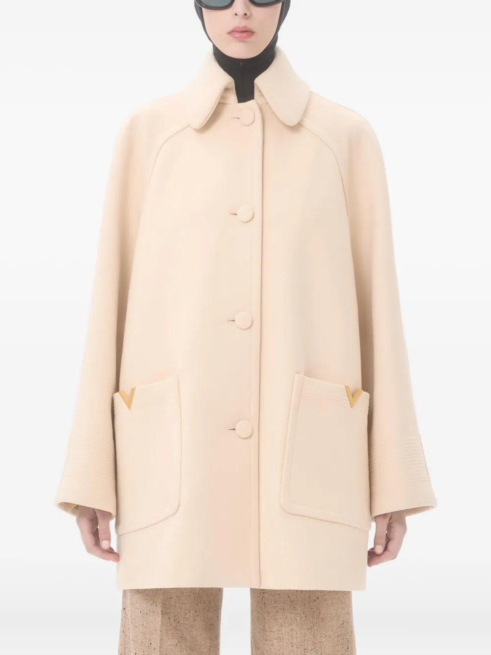 Valentino Wool Coat With Rounded Collar And Pockets In Neutral