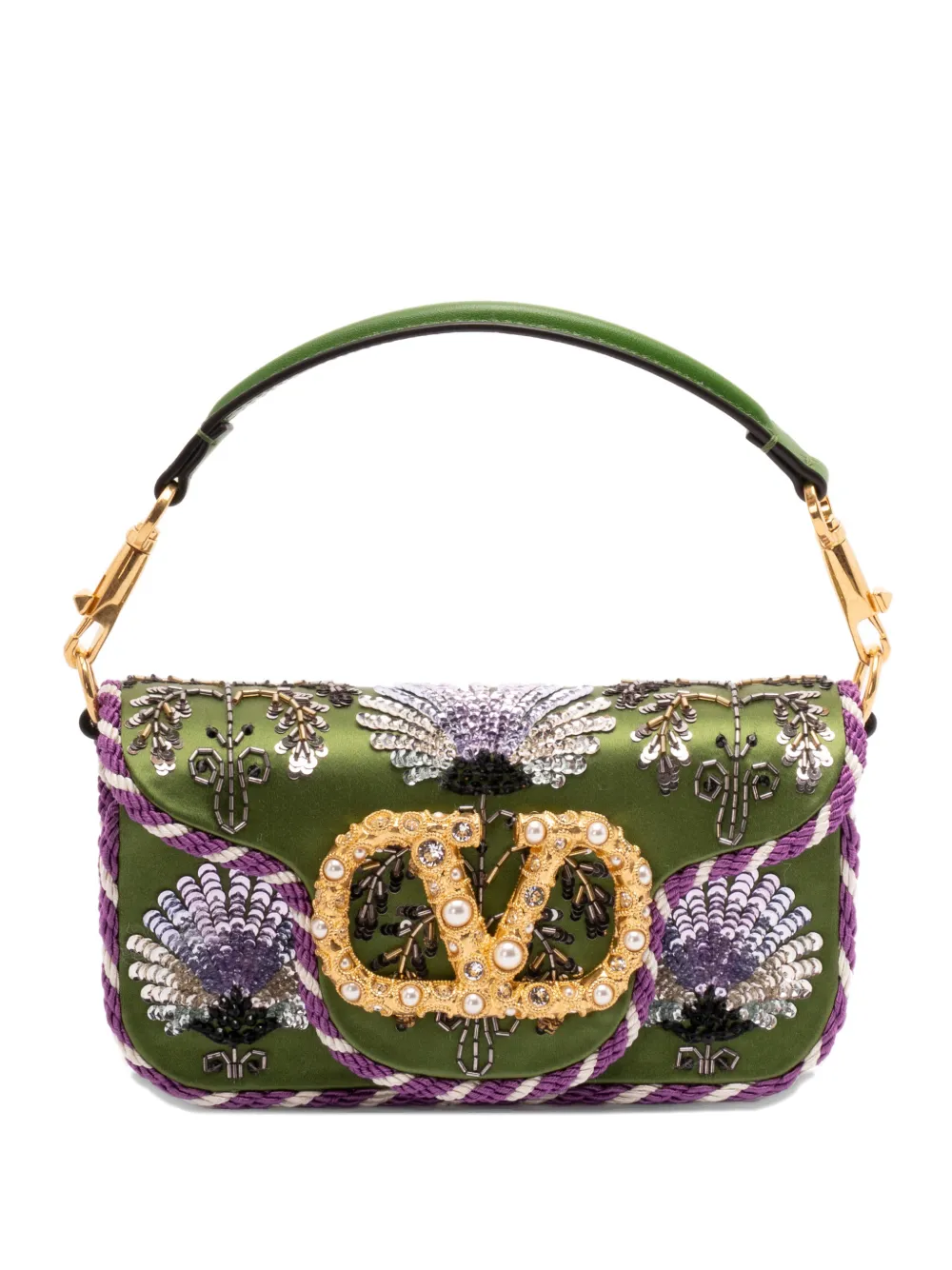 Valentino Garavani small Locò floral-embroidered VLogo-signature tote bag - Verde