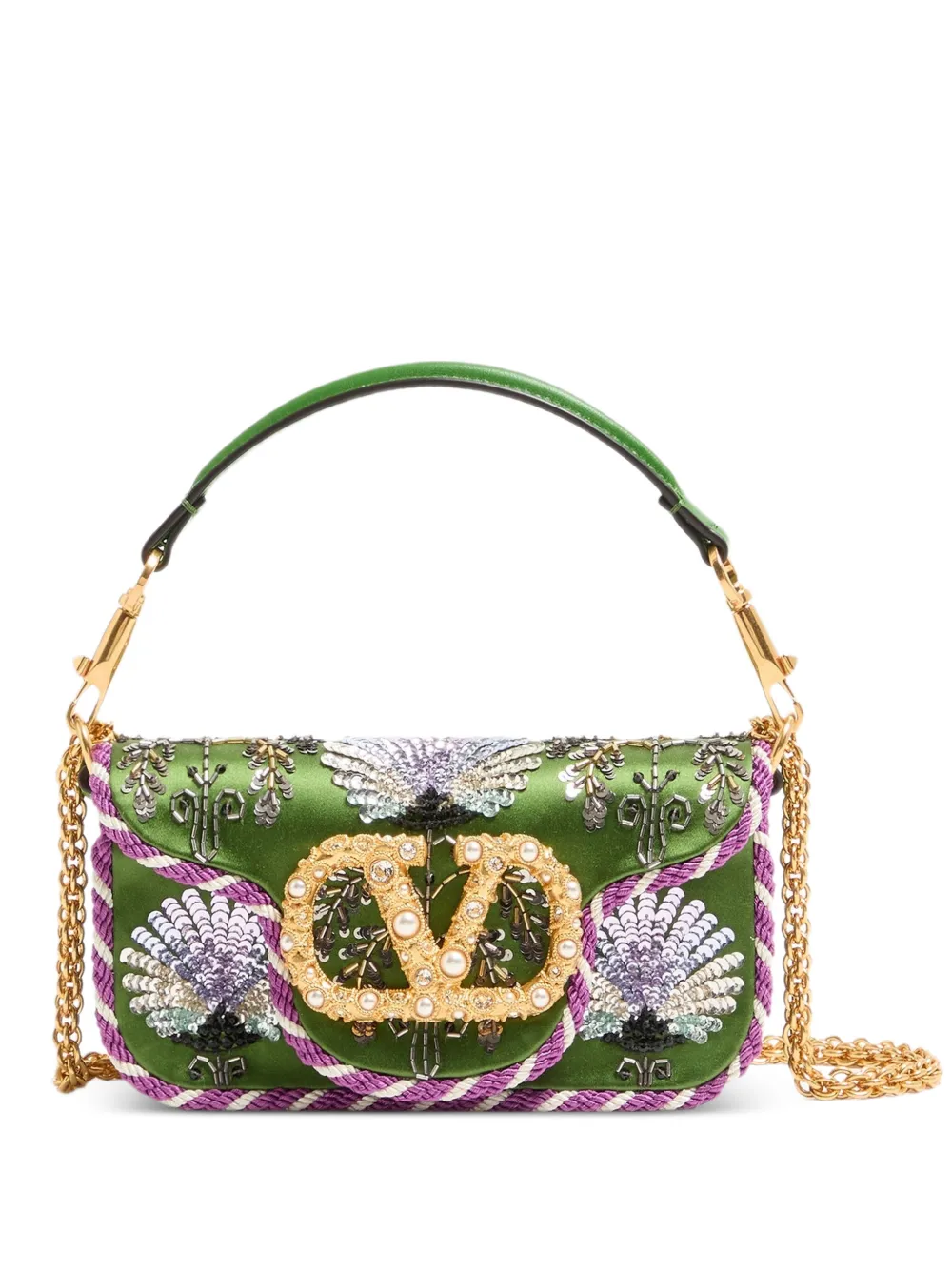 Valentino Garavani small Locò floral-embroidered VLogo-signature tote bag - Verde