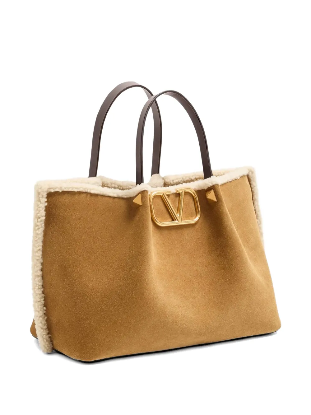 Valentino Garavani Medium Suede Shopping Bag with Sheepskin Lining in Neutrals, view 3