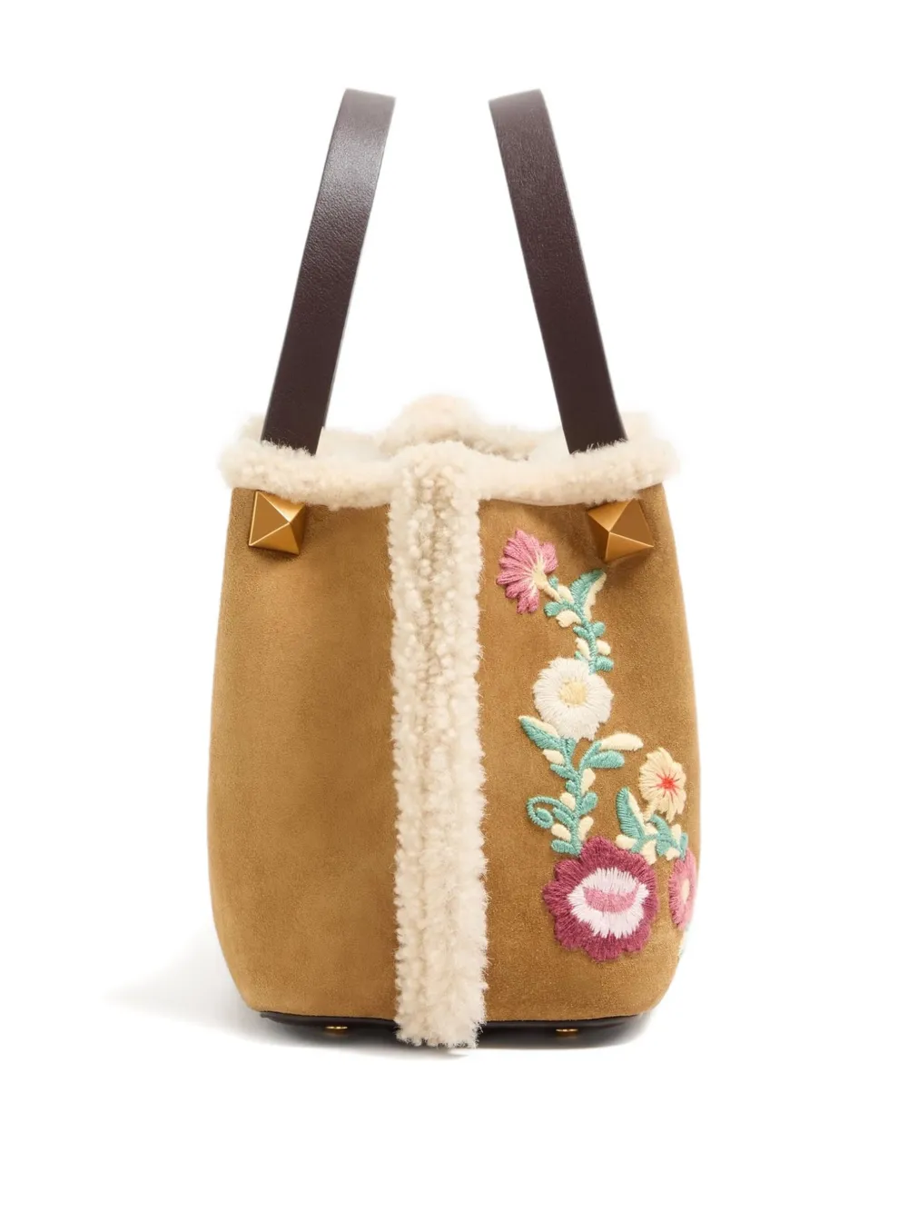 Valentino Small Embroidered-flowers Suede Tote Bag In Neutral