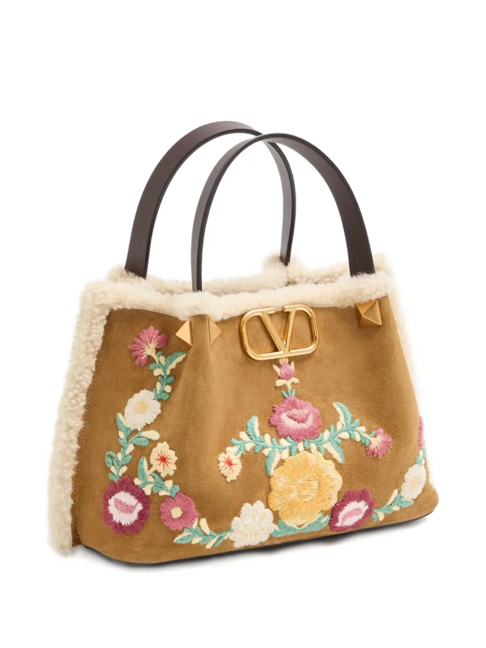 Valentino Small Embroidered-flowers Suede Tote Bag In Neutral