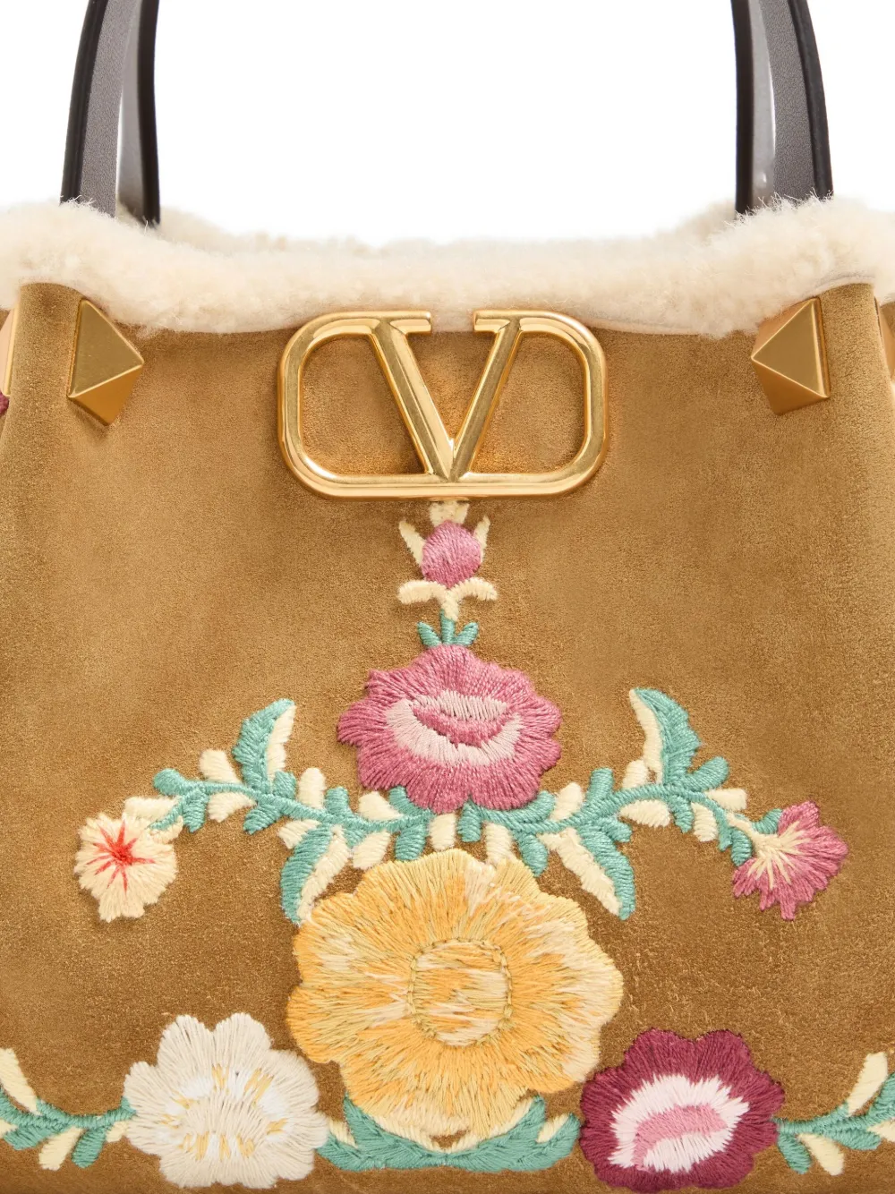 Valentino Small Embroidered-flowers Suede Tote Bag In Neutral