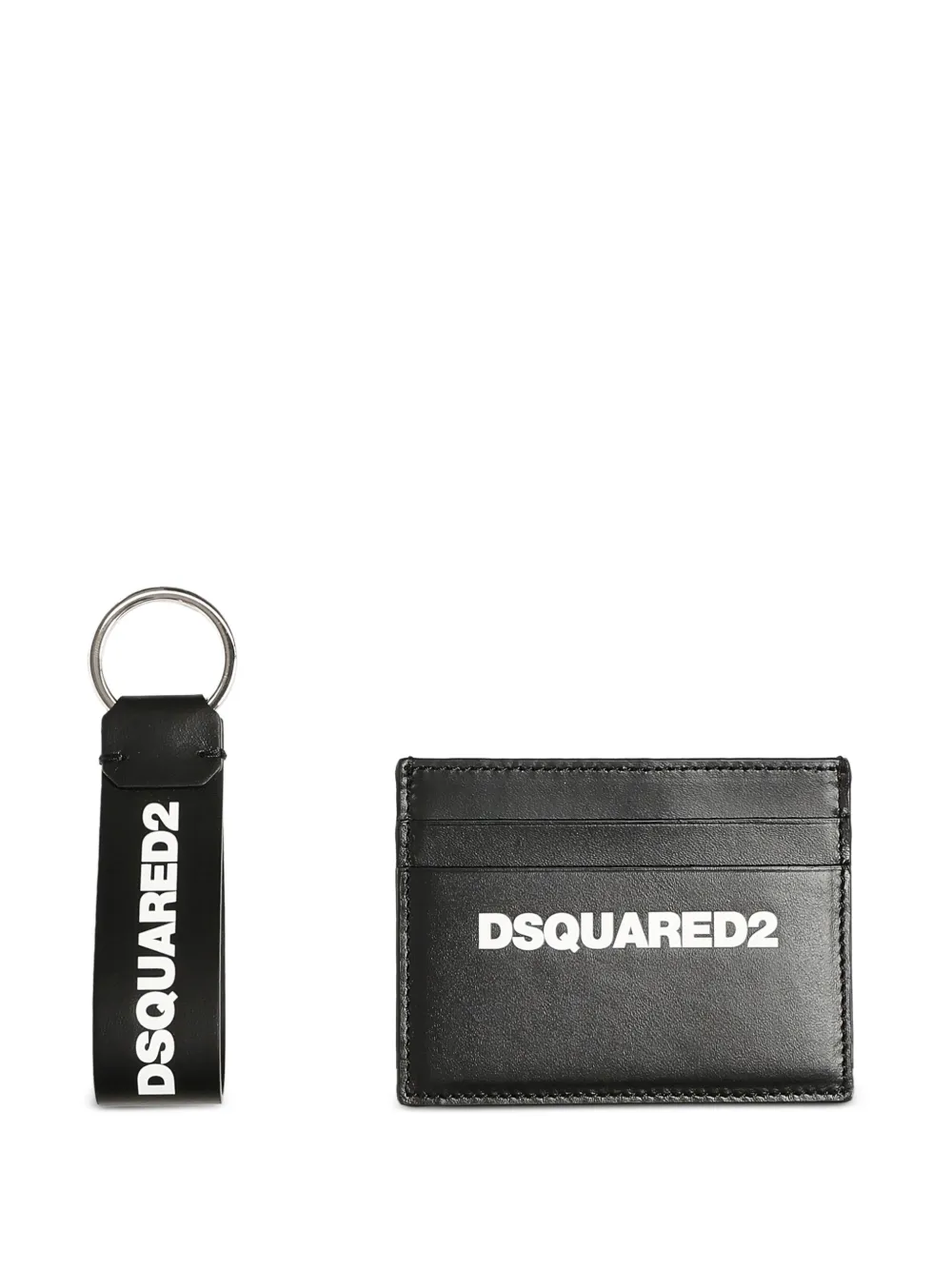 Dsquared2 Logo Leather Card-holder Keyring Set In Black