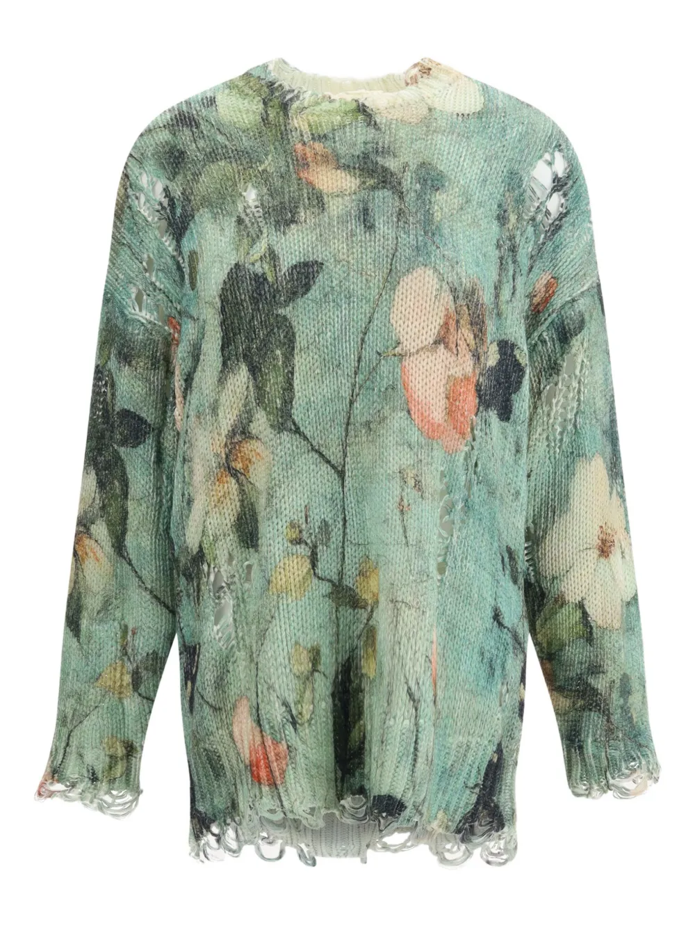 floral-print distressed sweater