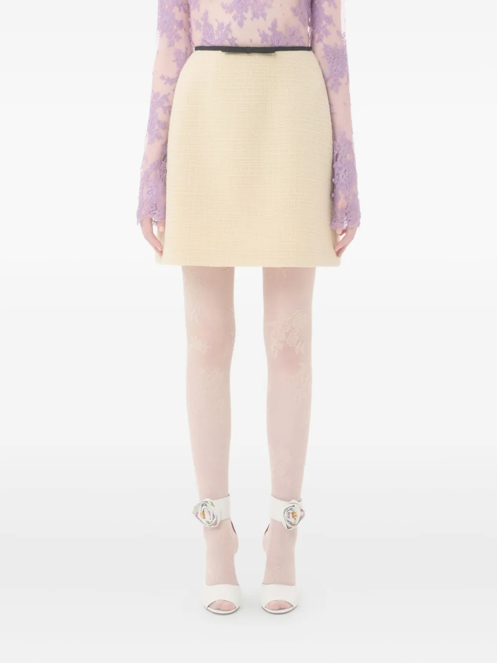 Valentino Bow-detailed Wool-blend Tweed Mini Skirt In Neutral