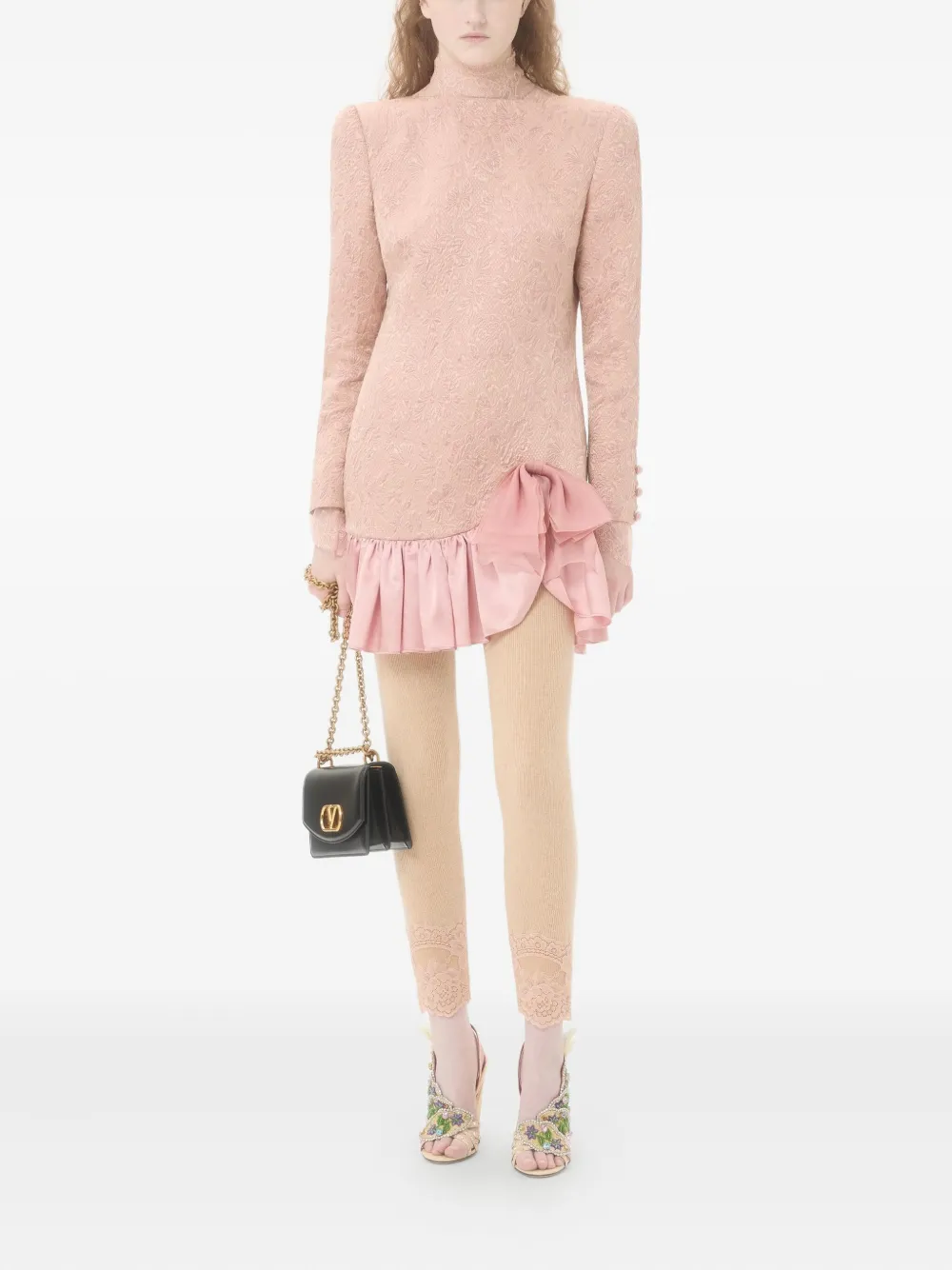 Valentino Floral-jacquard Ruffled Dress In Pink