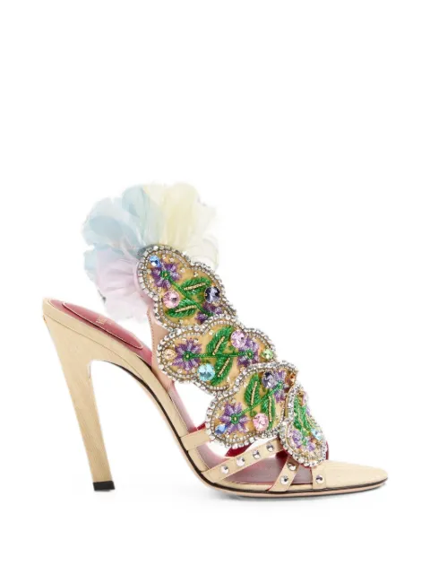 Valentino Garavani Dans Le Foyer sandals in moiré fabric with floral embroidery and feathers 105mm