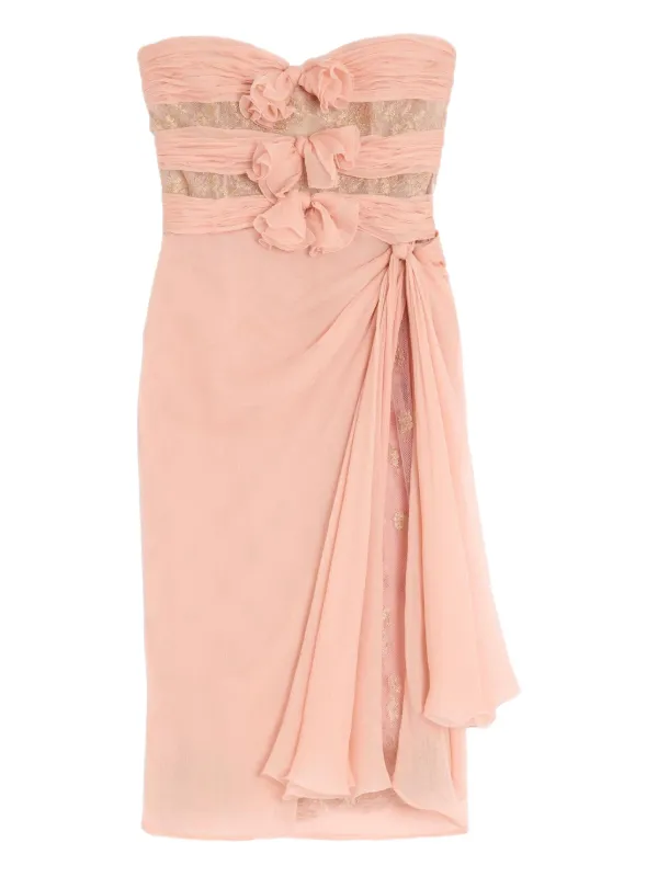 knee length dresses for ladies 1993 Valentino Blush Pink Silk & Sheer Chantilly-Lace Tiered Maxi Dress